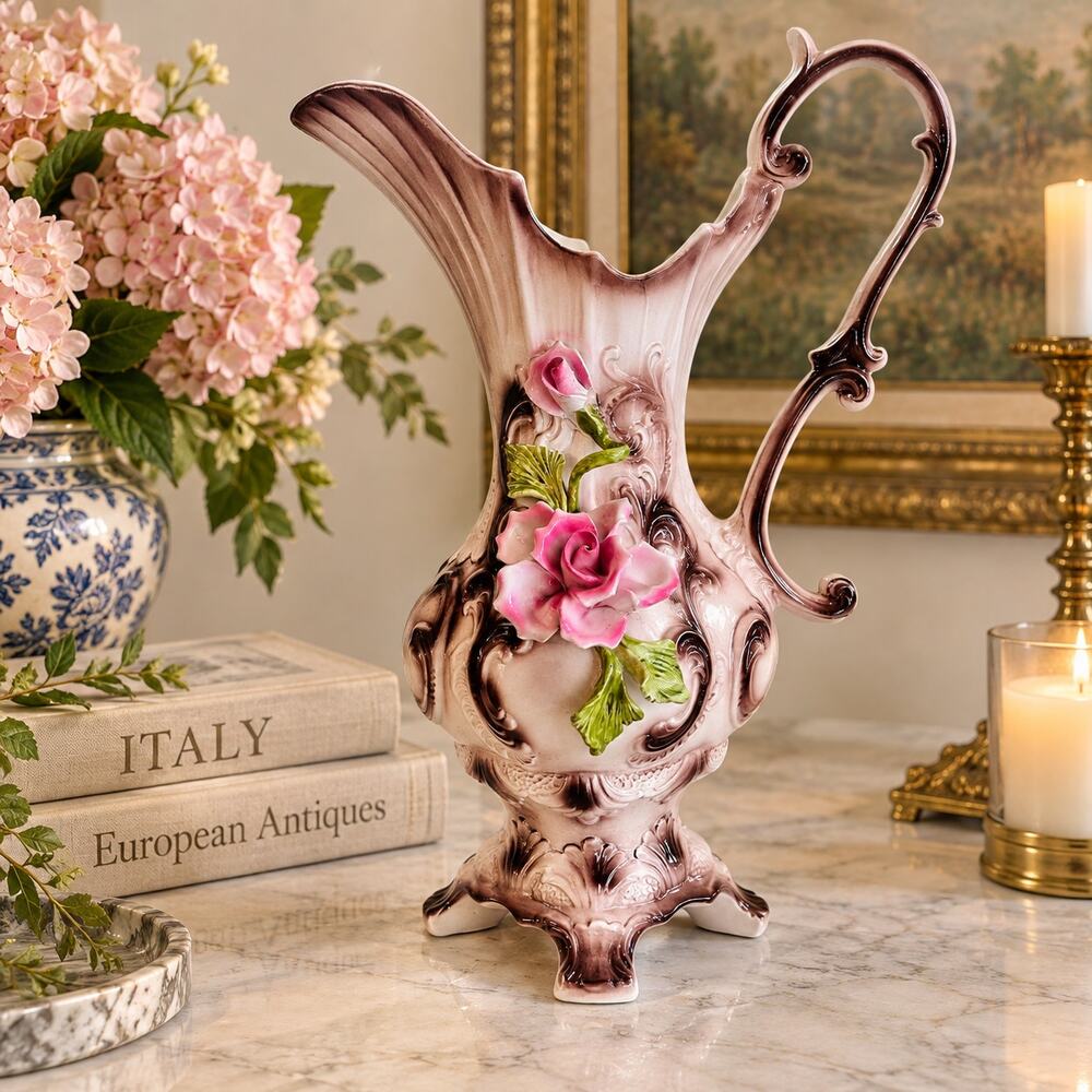 Capodimonte Italy Porcelain Ewer Pitcher 18.5” Applied Roses Rococo
